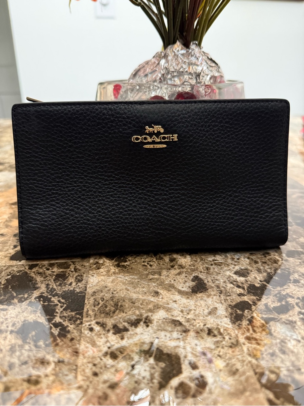 Coach Black Pebbled Leather Zip Continental Wallet with Gold Logo